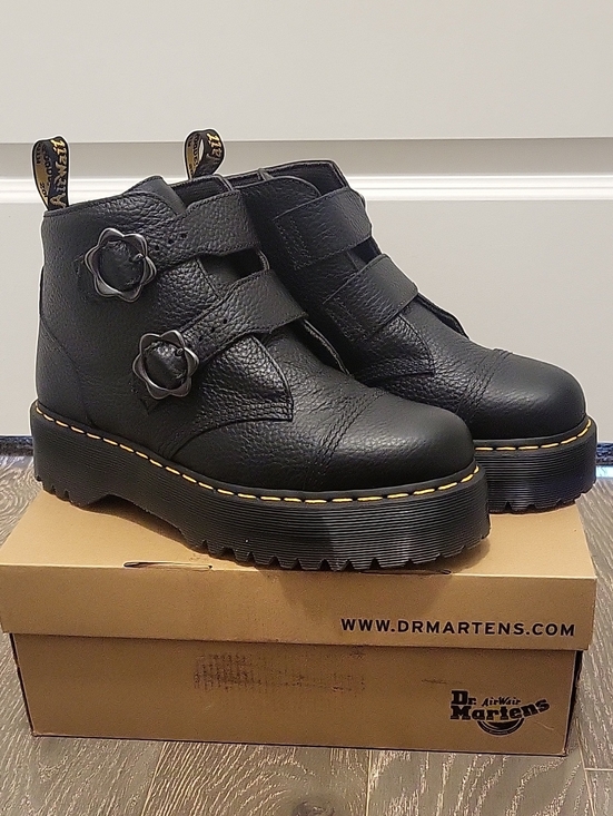 Dr. Martens Shoes - Dr. Martens Black Leather Womens Devon Flower Buckles Boots Size 11